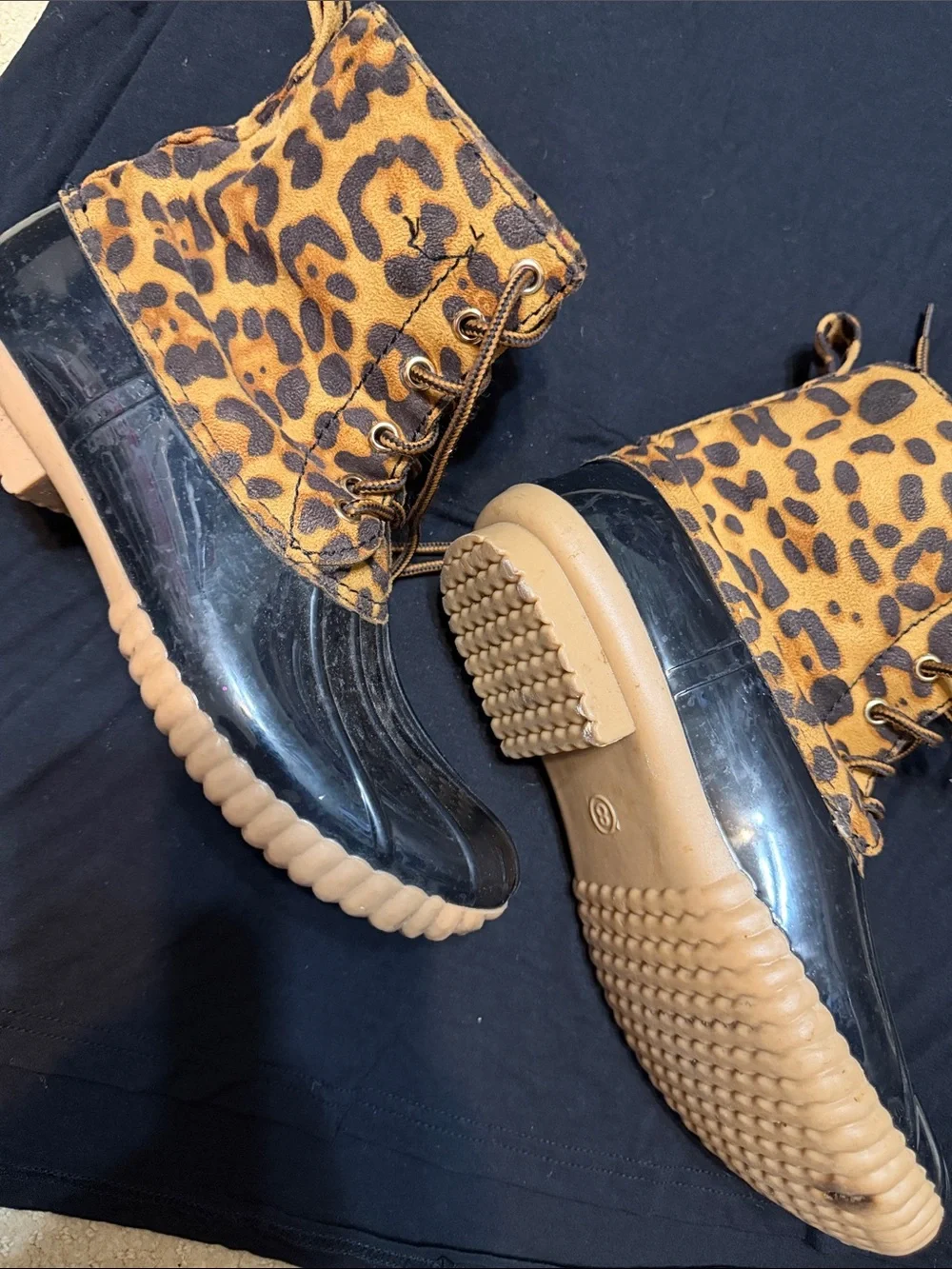 Impressions Leopard-Print Lace-Up duck/Rain Boots - Black/Tan